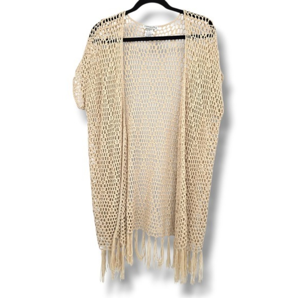 Demanding Women's Beige Crochet Kimono‎ Cardigan with Fringe Size Mediume